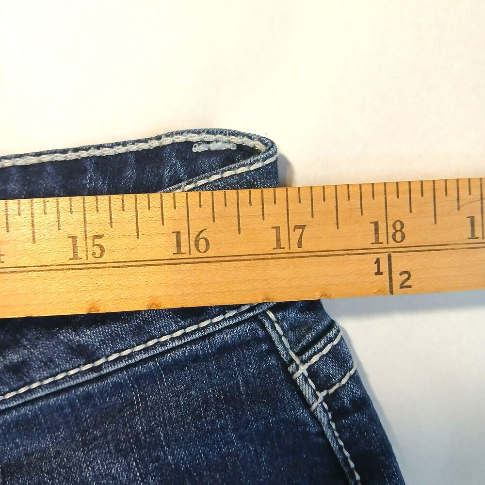 Love Indigo Bootcut Jeans Embroidered Cross Flap Pockets Glam 34x29 McBling Y2K - Picture 3 of 11